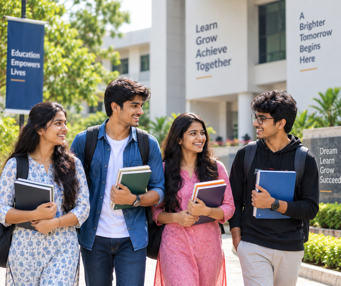 Indian college students carrying books at campus